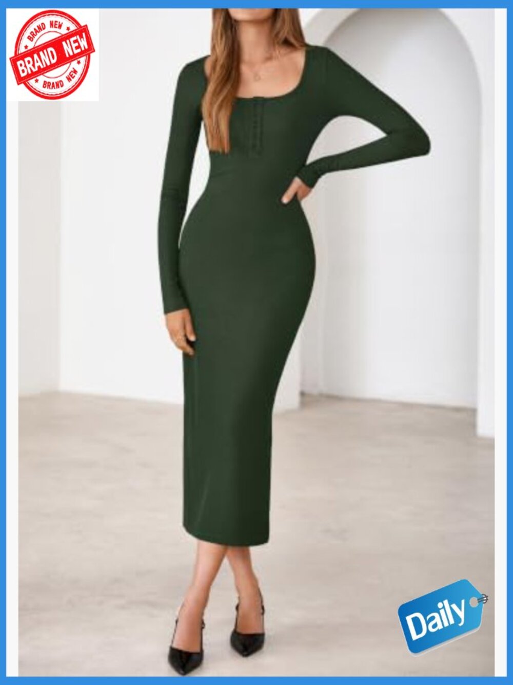 Long Sleeve Bodycon Maxi Dress Crew Neck Button Down Side Slit Knit - Picture 3 of 7